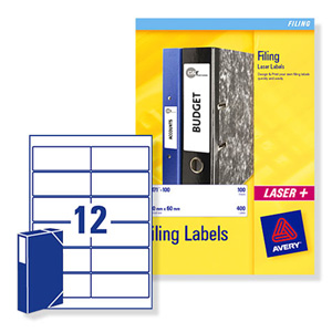Avery Laser and Inkjet Filing Labels for 60mm Box Files 12 per Sheet 41x100mm Ref L7176-25 [300 Labels]