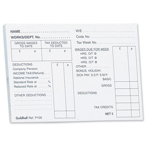 Guildhall PAYE Wages Slips Pad 100 Leaf 89x127mm Ref P100Z [Pack 5] Ident: 55D