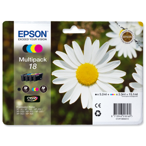 Epson 18 Inkjet Cartidges Capacity 15.1ml Total Black/Cyan/Magenta/Yellow Ref C13T18064010 [Pack 4]