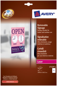 Avery Outdoor Signage Removable Self-Cling 2 per Sheet 199.6x143.5mm Ref L7123-8 [16 labels] Ident: 569B