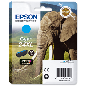 Epson 24XL Inkjet Cartridge Capacity 8.7ml Page Life 740pp Cyan Ref T24324010 Ident: 802F