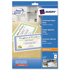 Avery Certificate Paper 50percent Cotton A4 Blue Border Ref C2425 [Pack 10] Ident: 18E