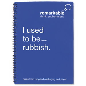 Remarkable Recycled Packaging Notepad Wirebound 80gsm Ruled 100pp A4 Blue [Pack 5]