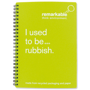 Remarkable Recycled Packaging Notepad Wirebound 80gsm Ruled 100pp A5 Lime Green [Pack 5]