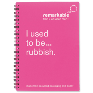 Remarkable Recycled Packaging Notepad Wirebound 80gsm Ruled 100pp A5 Pink [Pack 5] Ident: 72X