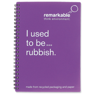 Remarkable Recycled Packaging Notepad Wirebound 80gsm Ruled 100pp A5 Purple [Pack 5] Ident: 72X