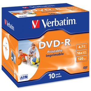 Verbatim DVD-R Recordable Disk Write-once Inkjet Printable Cased 16x 120min 4.7Gb Ref 43521 [Pack 10]