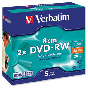Verbatim 8cm DVD-RW for Camera Slim Case Speed 2x Capacity 1.4GB Ref 43514 [Pack 5]