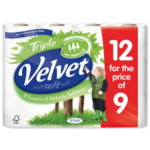 Triple Velvet Toilet Rolls White Ref VSCADVW12 [Pack 9]