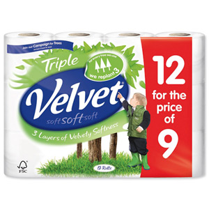 Triple Velvet Toilet Rolls White Ref VSCADVW12 [Pack 9] Ident: 603D