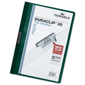 Durable Duraclip Folder PVC Clear Front 3mm Spine for 30 Sheets A4 Petrol Green Ref 2200/32 [Pack 25] Ident: 201H