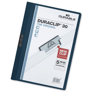 Durable Duraclip Folder PVC Clear Front 3mm Spine for 30 Sheets A4 Dark Blue Ref 2200/28 [Pack 25]