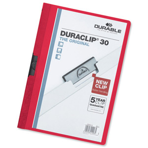 Durable Duraclip Folder PVC Clear Front 3mm Spine for 30 Sheets A4 Red Ref 2200/03 [Pack 25]