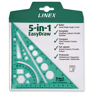 Linex 5-In-1 Easy-Draw Drawing Aid Ruler Set Square Protractor Compass Tinted Green Ref LXG5IN1