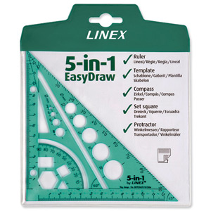 Linex 5-In-1 Easy-Draw Drawing Aid Ruler Set Square Protractor Compass Tinted Green Ref LXG5IN1