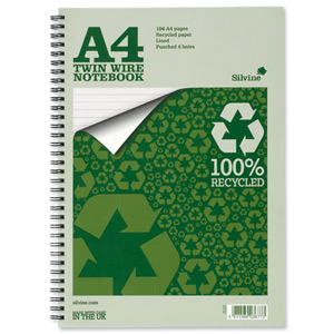 Silvine Everyday Notebook Recycled Wirebound Punched Ruled 104pp 70gsm A4 Ref TWRE80 [Pack 12] Ident: 46B