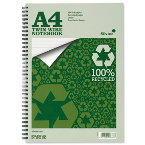 Silvine Everyday Notebook Recycled Wirebound Punched Ruled 104pp 70gsm A4 Ref TWRE80 [Pack 12] Ident: 46B