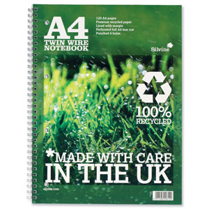 Silvine Premium Notebook Recycled Wirebound Punched Ruled Margin 120pp 80gsm A4plus Ref R102 [Pack 5] Ident: 46B