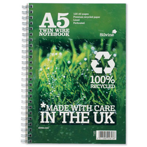 Silvine Premium Notebook Recycled Wirebound Ruled 120pp 80gsm A5 Ref R103 [Pack 5]