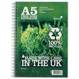 Silvine Premium Notebook Recycled Wirebound Ruled 120pp 80gsm A5 Ref R103 [Pack 5] Ident: 46B