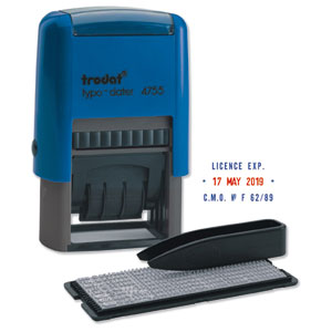 Trodat Printy Typo 4755 Dater Stamp with D-I-Y Text Self-Inking 4mm Line 40x23mm Red and Blue Ref 62946