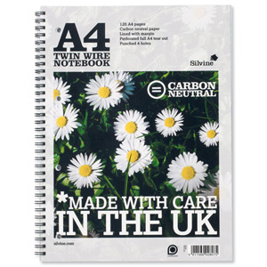 Silvine Notebook Carbon Neutral Perforated Twin Wire Punched 4 Holes 120 Pages A4 Ref R302 [Pack 5] Ident: 46C