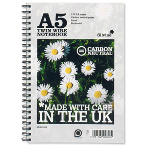 Silvine Notebook Carbon Neutral Perforated Twin Wire Punched 2 Holes 120 Pages A5 Ref R303 [Pack 5]