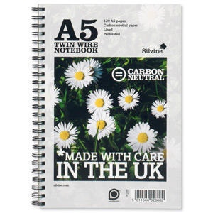 Silvine Notebook Carbon Neutral Perforated Twin Wire Punched 2 Holes 120 Pages A5 Ref R303 [Pack 5] Ident: 46C