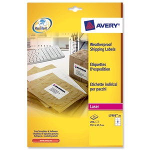 Avery Weatherproof Shipping Labels Laser 8 per Sheet 99.1x67.7mm Ref L7993-25 [200 Labels] Ident: 135C