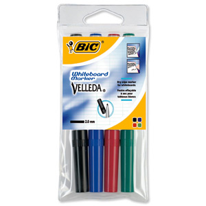 Bic Velleda 1741 Whiteboard Marker Bullet Tip Line Width 2mm Assorted Ref 1199001744 [Wallet 4]