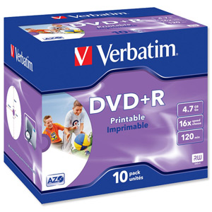 Verbatim DVD+R Recordable Disk Inkjet Printable Write-once Cased 16x 120min 4.7Gb Ref 43508 [Pack 10] Ident: 780C