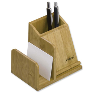 Rexel Bamboo Desktop Organiser Pencil Cup Sorter and Business Card Holder W150xD95xH110mm Ref 2102373