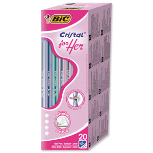 Bic Cristal For Her Ball Pen Slim Assorted Barrels 1.0mm Tip 0.4mm Line Blue Ref 891393 [Pack 20]