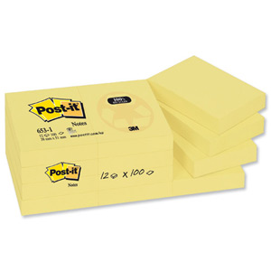 Post-it Recycled Notes Pad of 100 38x51mm Canary Yellow Ref 653-1YE [Pack 12]