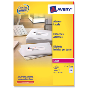 Avery Addressing Labels Laser Jam-free 14 per Sheet 99.1x38.1mm White Ref L7163-100 [1400 Labels] Ident: 133A
