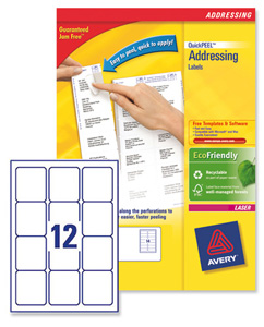 Avery Addressing Labels Laser Jam-free 12 per Sheet 63.5x72mm White Ref L7164-100 [1200 Labels] Ident: 133A