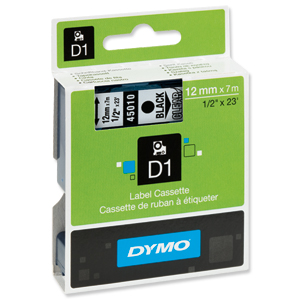 Dymo D1 Tape for Electronic Labelmakers 12mmx7m Black on Clear Ref 45010 S0720500