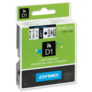 Dymo D1 Tape for Electronic Labelmakers 12mmx7m Black on White Ref 45013 S0720530 Ident: 724B
