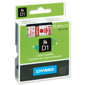 Dymo D1 Tape for Electronic Labelmakers 12mmx7m Red on White Ref 45015 S0720550 Ident: 724B