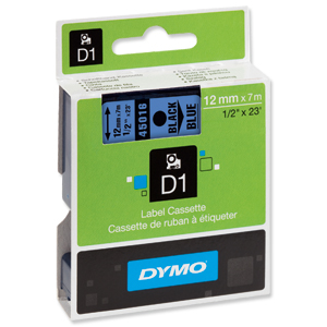 Dymo D1 Tape for Electronic Labelmakers 12mmx7m Black on Blue Ref 45016 S0720560 Ident: 724B