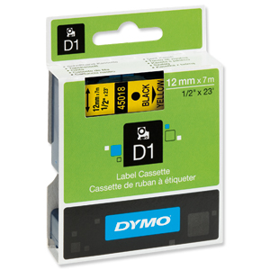 Dymo D1 Tape for Electronic Labelmakers 12mmx7m Black on Yellow Ref 45018 S0720580 Ident: 724B