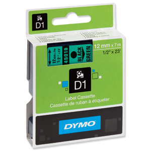 Dymo D1 Tape for Electronic Labelmakers 12mmx7m Black on Green Ref 45019 S0720590 Ident: 724B