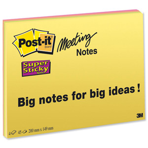 Post-it Super Sticky Meeting Notes Pads of 45 Sheets 200x149mm Bright Colours Ref 6845-SSP [Pack 4] Ident: 60E