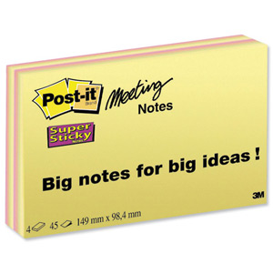 Post-it Super Sticky Meeting Notes Pads of 45 Sheets 149x98.4mm Bright Colours Ref 6445-SSP [Pack 4] Ident: 60E