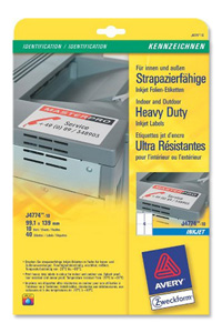 Avery Heavy Duty Labels Inkjet 4 per Sheet 99.1x139mm White Ref J4774-10 [40 Labels]