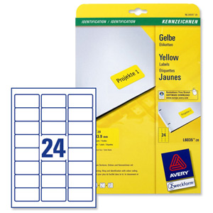 Avery Coloured Labels Laser 24 per Sheet 63.5x33.9mm Yellow Ref L6035-20 [480 Labels]