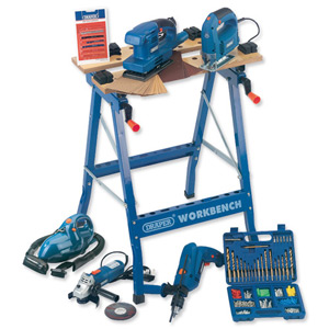 Draper Workbench Power Tool Kit with Folddown Workbench Jigsaw Hammer Drill Angle Grinder Ref 87949 Ident: 512B