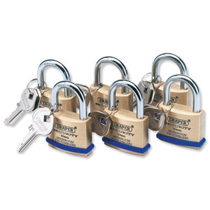 Draper Padlocks Solid Brass with Identical Keys and Hardened Steel Shackle 40mm Ref 67659 [Pack 6]