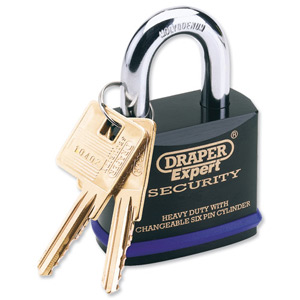 Draper Padlock Heavy Duty Steel Body Molybdenum Steel Shackle 6-Pin Brass Cylinder 2 Keys 61mm Ref 64194