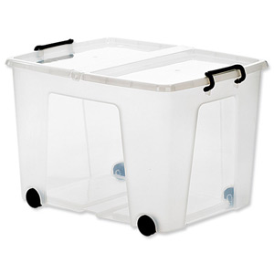 Strata Smart Box Clip-On Folding Lid Carry Handles 75 Litre Clear with Black Wheels Ref HW676CLR Ident: 178F